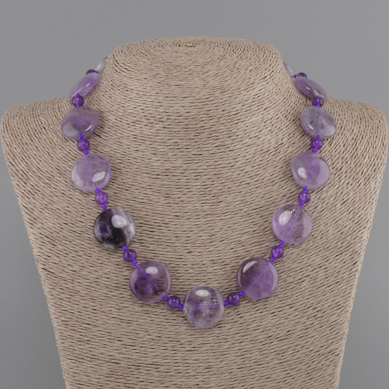Amethyst Coin Necklace 20mm, smooth bead 6mm, length 45cm, with clasp