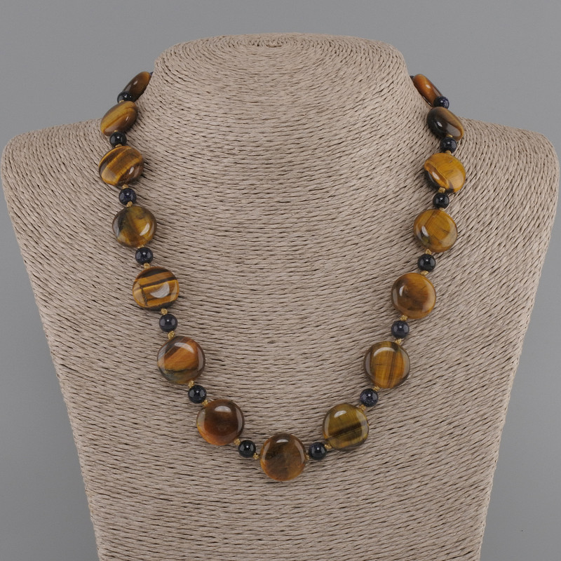 Tiger Eye Coin Necklace with Aventurine "Night of Cairo" Bead 6mm+-, length 45cm+- with clasp