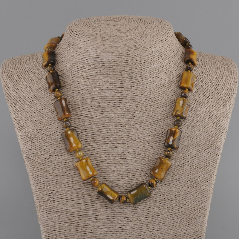 Tiger's Eye Necklace, Bent Rectangle 16x12mm ±, Bead 6mm ±, Length 45cm ± with Clasp