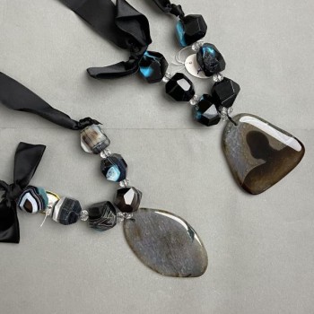 Agate and Czech Crystal Necklace on Ribbon, 62 cm +