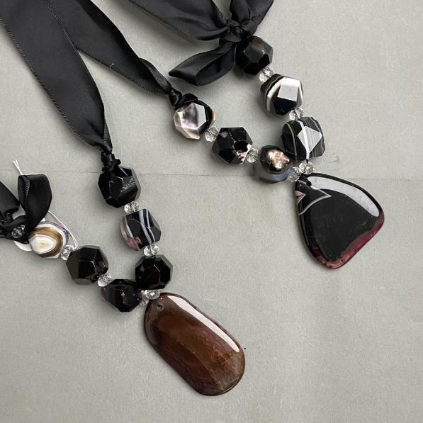 Beaded Necklace Agate Czech Crystal on Ribbon, length 62cm+