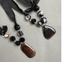 Beaded Necklace Agate Czech Crystal on Ribbon, length 62cm+