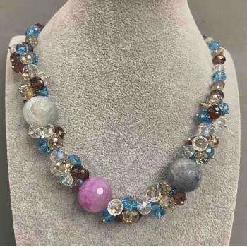 Agate Beads with Czech Crystal, length 55cm+