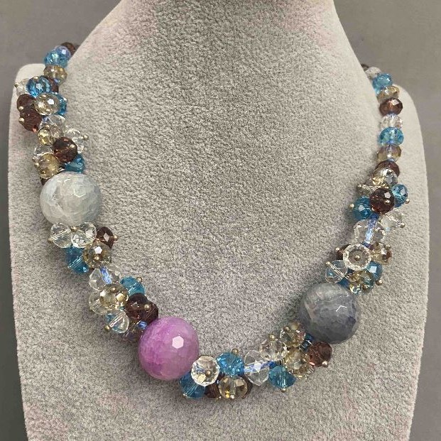 Agate Beads with Czech Crystal, length 55cm+