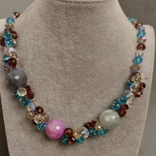 Agate Beads with Czech Crystal, length 55cm+