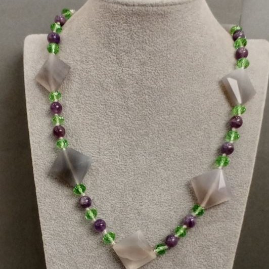 Agate, Amethyst and Czech Crystal Necklace 68cm