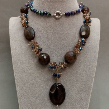 Agate Bead Necklace with Czech Crystal, 62cm+ length