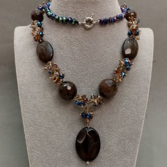 Agate Bead Necklace with Czech Crystal, 62cm+ length