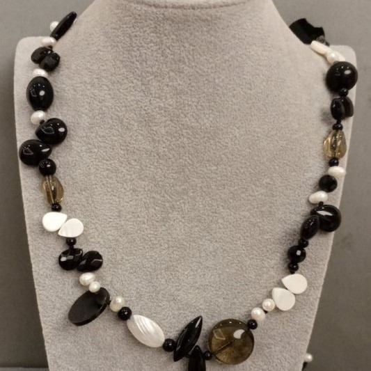 Long Necklace Agate and Smoky Quartz, 110 cm+