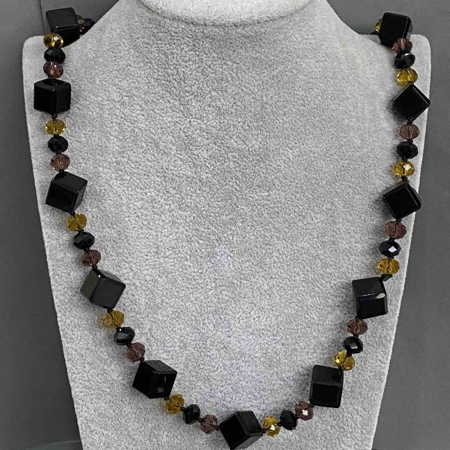 Agate Necklace with Czech Crystal, 84cm+ length