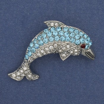 Brooch Dolphin with Crystals Silvered Metal 44x25mm+