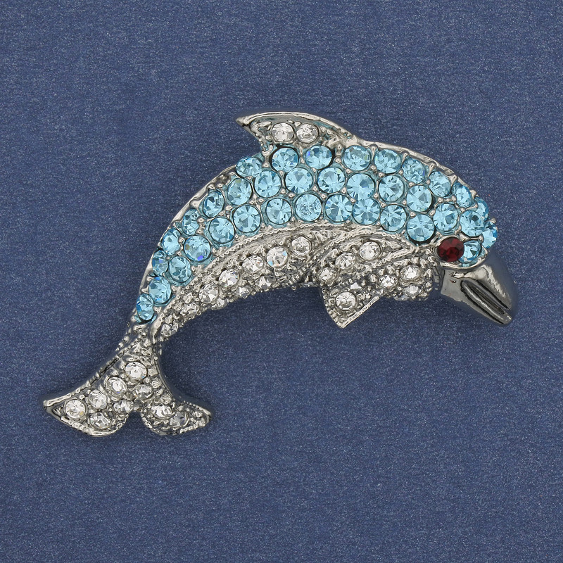 Brooch Dolphin with Crystals Silvered Metal 44x25mm+