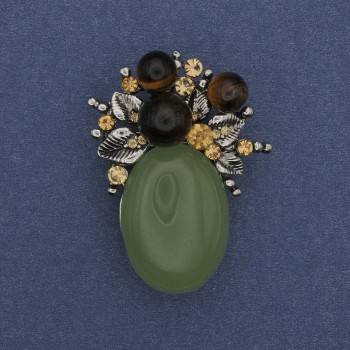 Brooch Pendant Accent with Jade and Crystals in Silver Metal 40x30mm+