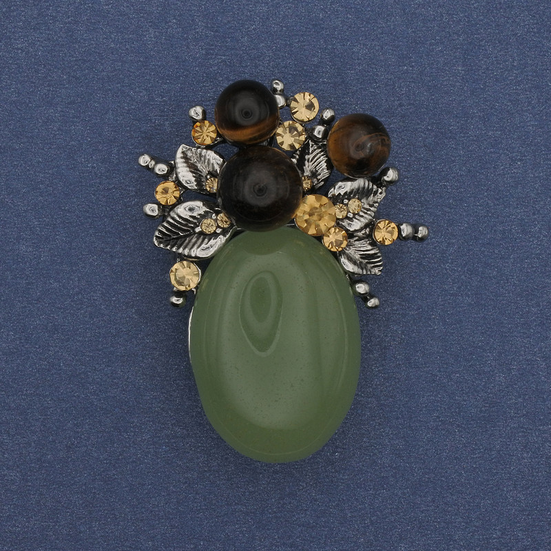 Brooch Pendant Accent with Jade and Crystals in Silver Metal 40x30mm+