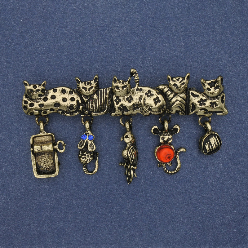 Brooch Cats with Crystals in Golden Metal 65x37mm+