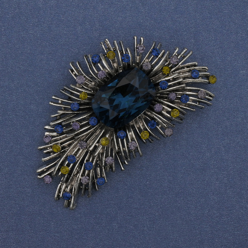 Brooch Accent with blue crystal, rhinestones, silver metal 60x42mm+