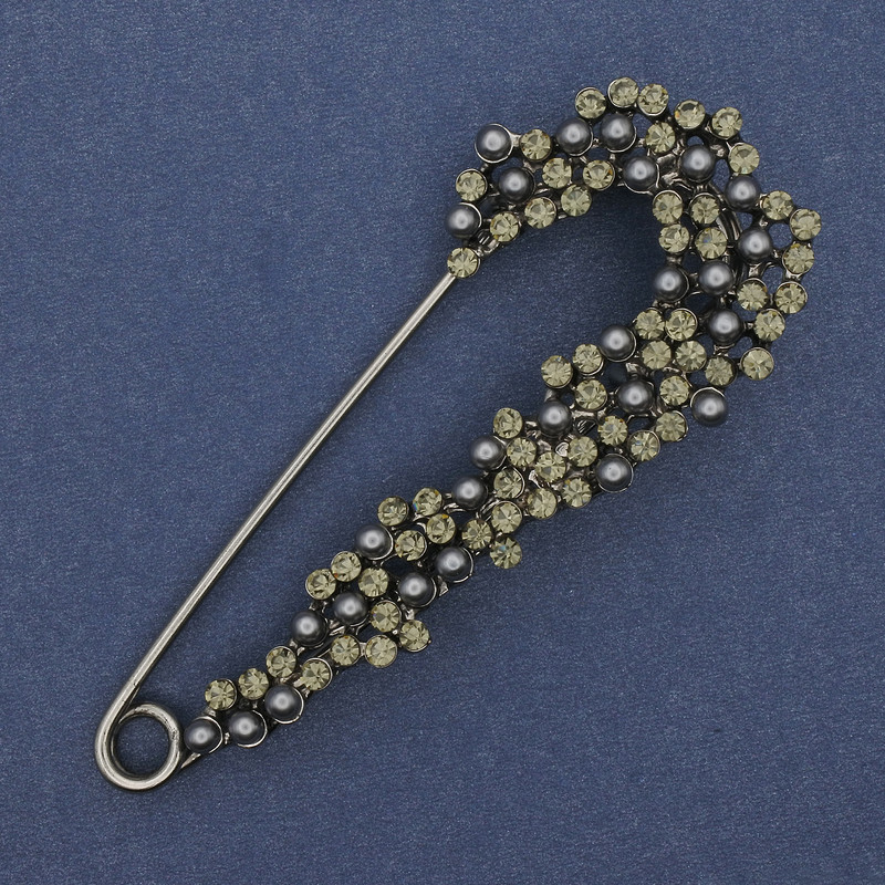 Brooch Pin with Mallorca Pearls and Rhinestones 75x31mm± silver metal