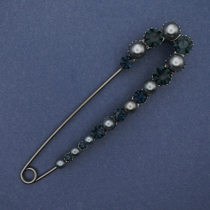 Brooch pin with Mallorca pearls and rhinestones, 103x25mm ±, dark-silver metal