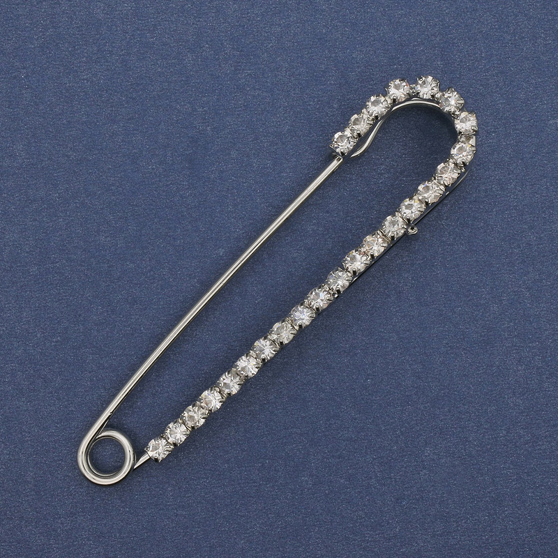 Brooch Pin with White Crystals 72×16mm± Silver-tone Metal
