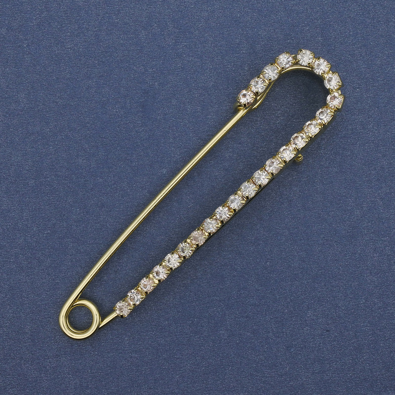 Brooch pin with white crystals 72x16mm+ - gold-toned metal