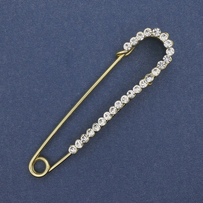 Brooch pin with white crystals 72×17mm± golden metal