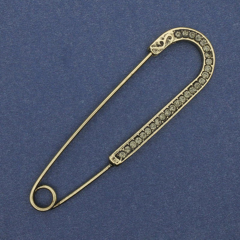 Brooch pin with grey crystals 68×19mm± gold-tone metal