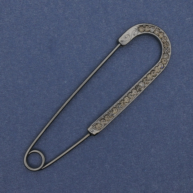 Brooch pin with grey rhinestones 68x19mm± dark silver metal