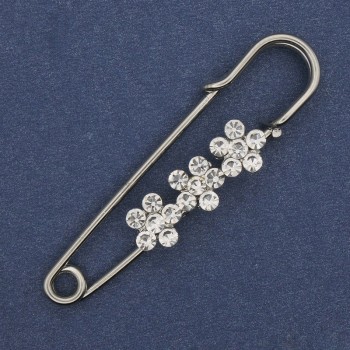 Brooch hairpin with white crystals 48x10mm± silver metal