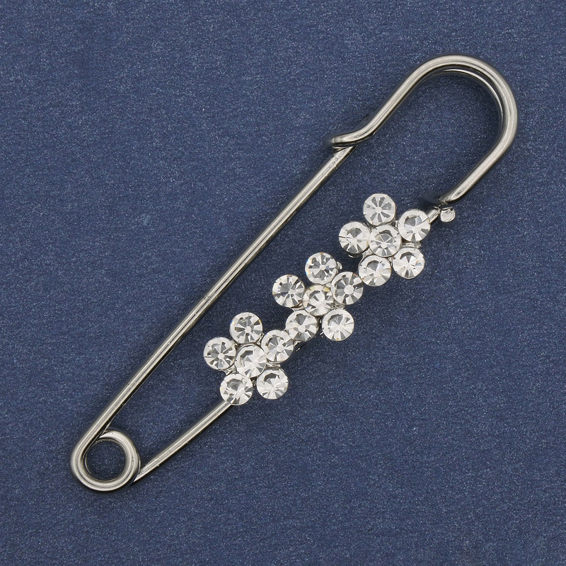 Brooch hairpin with white crystals 48x10mm± silver metal