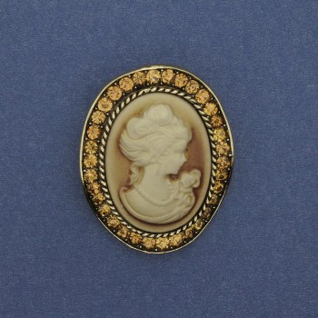 Cameo Brooch Pendant 'Lady' with Crystals in Gold-Tone Metal 43x38mm +