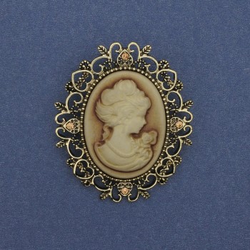 Cameo Brooch Pendant Lady with Crystals, golden metal 48×44mm +
