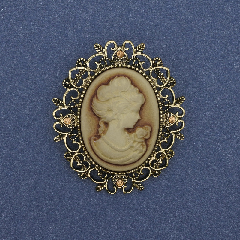 Cameo Brooch Pendant Lady with Crystals, golden metal 48×44mm +