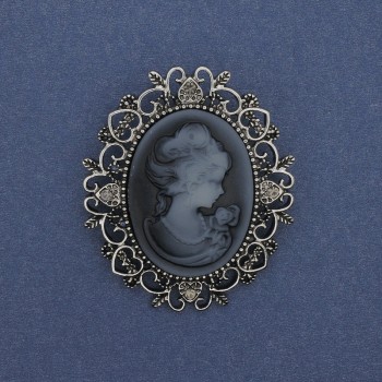 Cameo Lady Brooch Pendant, Silver Metal, Clear Crystals 48×44mm +