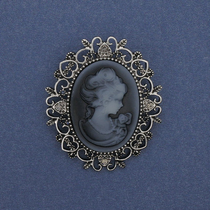 Cameo Lady Brooch Pendant, Silver Metal, Clear Crystals 48×44mm +