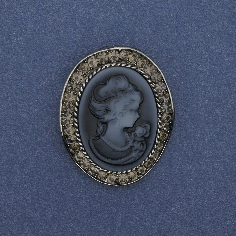 Cameo Brooch Pendant 'Lady' with Crystals, Silver-Tone Metal 43x38mm +