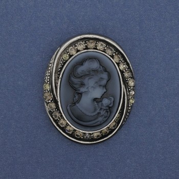 Brooch Pendant Cameo Lady with Crystals Silvered Metal 44×37mm +