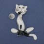 Magnetic Cat Brooch with Enamel and Crystals, Silver Metal 62x56mm