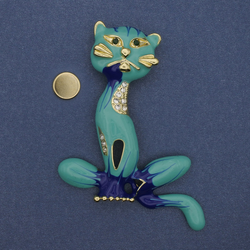 Magnetic Brooch Kitty with Enamel and Crystals in Golden Metal 62x56mm+