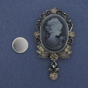 Cameo Brooch on Magnetic Back, Lady Cameo with Crystals, Silver Metal 55×32mm +