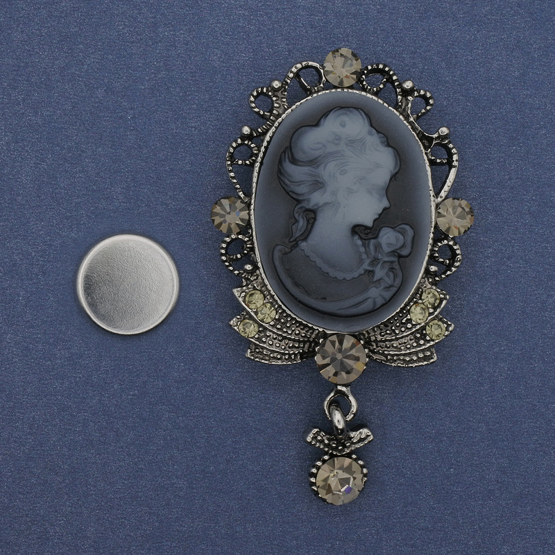 Cameo Brooch on Magnetic Back, Lady Cameo with Crystals, Silver Metal 55×32mm +