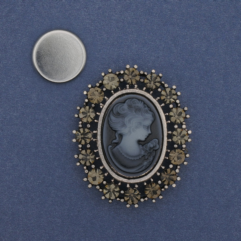 Magnet Brooch Cameo Lady with Crystals Silver Metal 43x35mm +