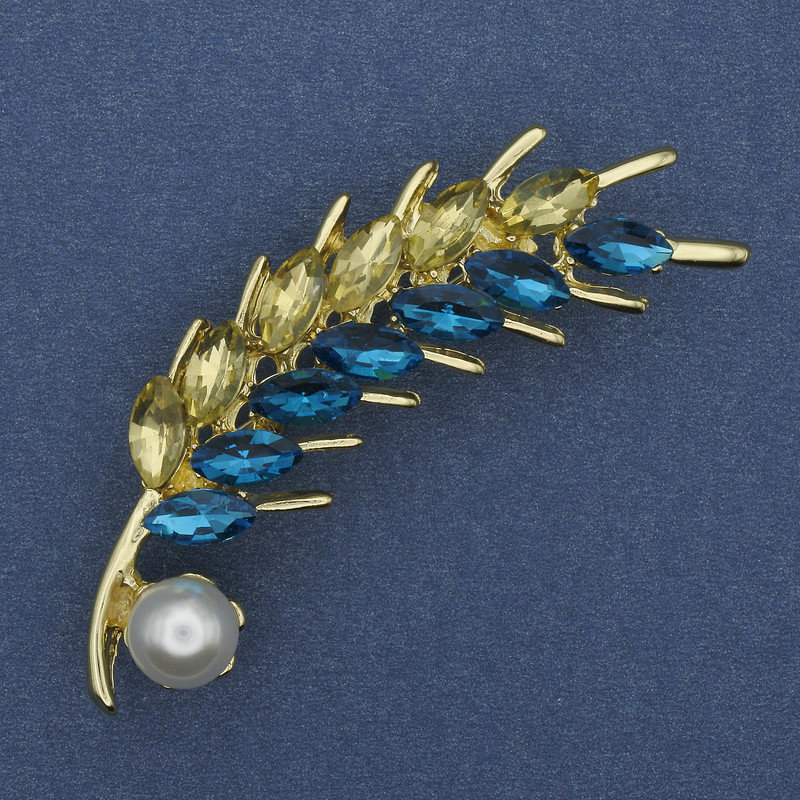 Brooch Ear of Wheat with Yellow and Blue Crystals and Pearl, Gold-Tone Metal 55x15mm +