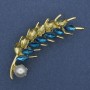 Brooch Ear of Wheat with Yellow and Blue Crystals and Pearl, Gold-Tone Metal 55x15mm +