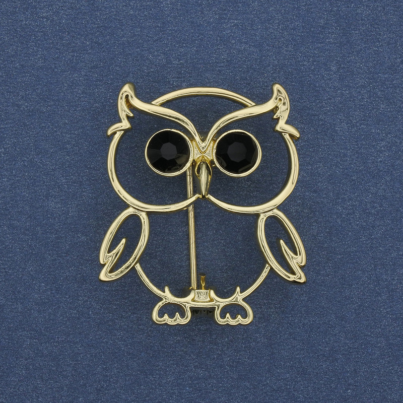 Owl Brooch with Rhinestones Golden Metal 30x26mm+