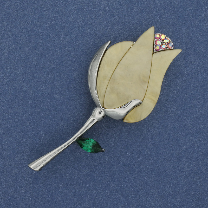 Brooch Pendant Flower with rhinestones silver-tone metal 70x35mm+