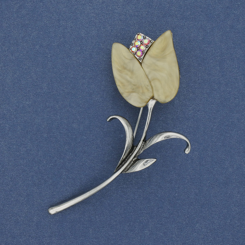 Brooch Pendant Flower with Crystals Silver-Tinish Metal 70x35mm+
