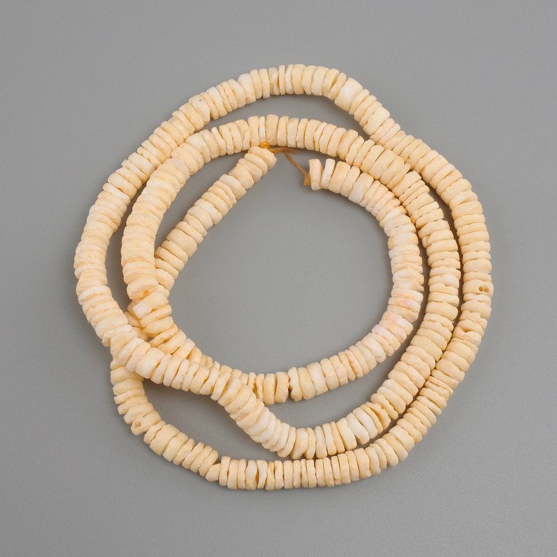 Unprocessed mother-of-pearl Skalarka rondelle beads, 6x1.5-2mm diameter, 60cm +/- length on thread