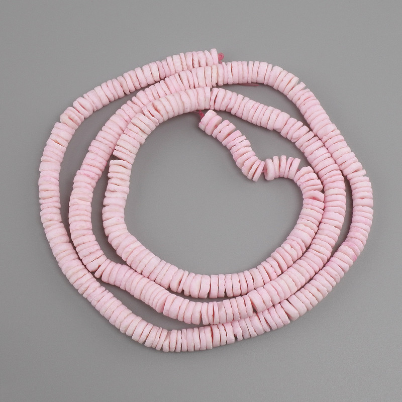 Unpolished sea shell Scarface scallop rondelle beads, diameter 6×1.5–2 mm, length 64 cm on beading thread