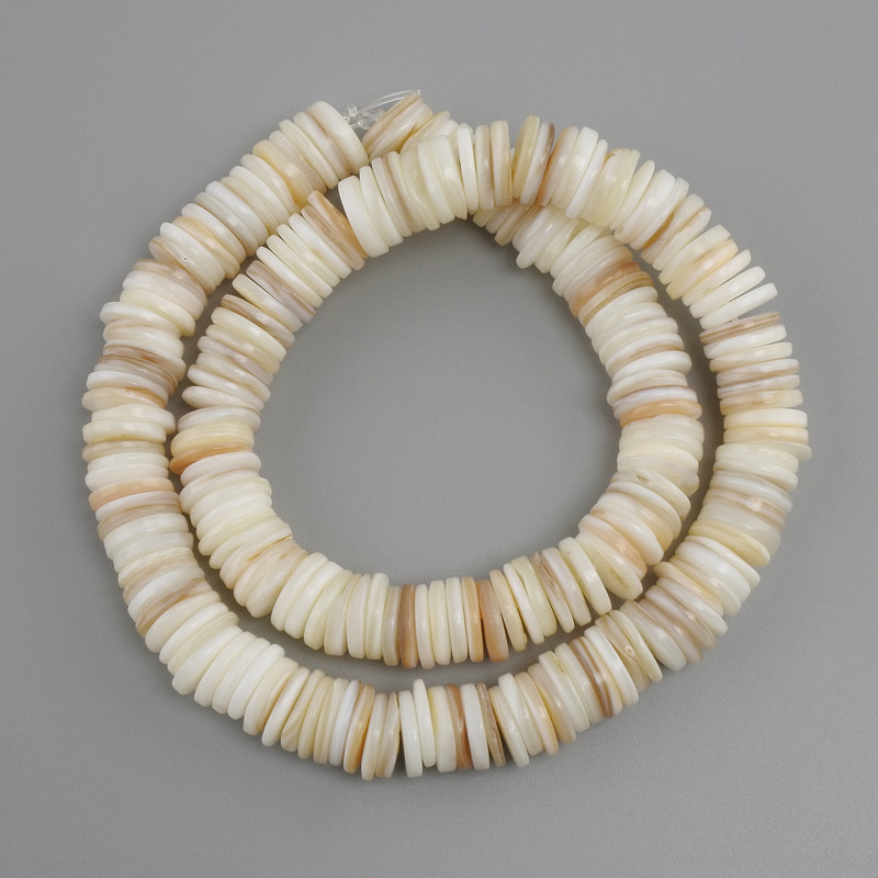 Mother-of-Pearl Haliotis Scarface (Scarf) Rondelle Beads, 10x1.5–2mm, 38cm long on thread