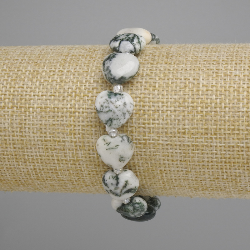 Bracelet Mossy Agate Heart, diameter 12mm+-, beads 3mm+-, length 18cm +- stretch